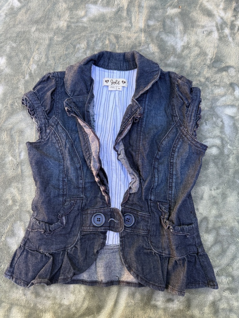Jolt Indigo Denim Ruffle-Trim Buttoned Vest